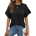 thumbnail image 2 of Hauts à Manches Courtes pour Femmes T-Shirts d'Été Décontractés à Volants Col Ras du Cou Blouse Mode Noir P, 2 of 9
