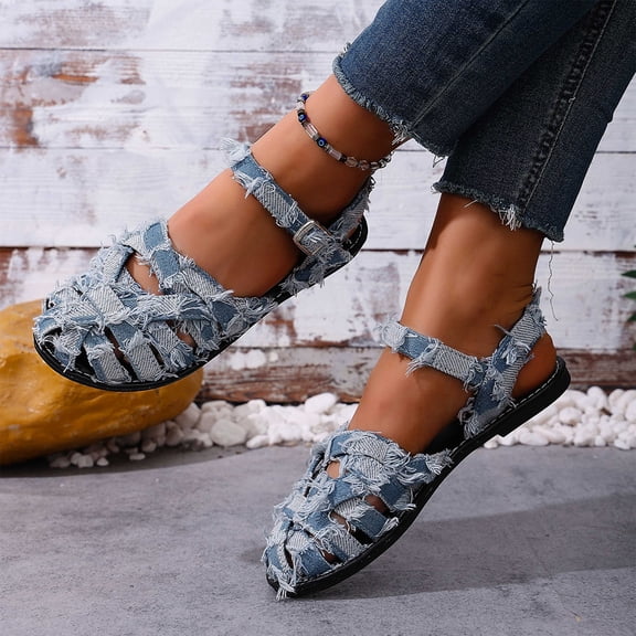 Norvail Womens Vintage Closed Toe Flat Sandals with Distressed Raw Edges and Woven Straps, Summer Going Out Shoes, Lightweight Comfortable Casual Sandals for Daily Wear