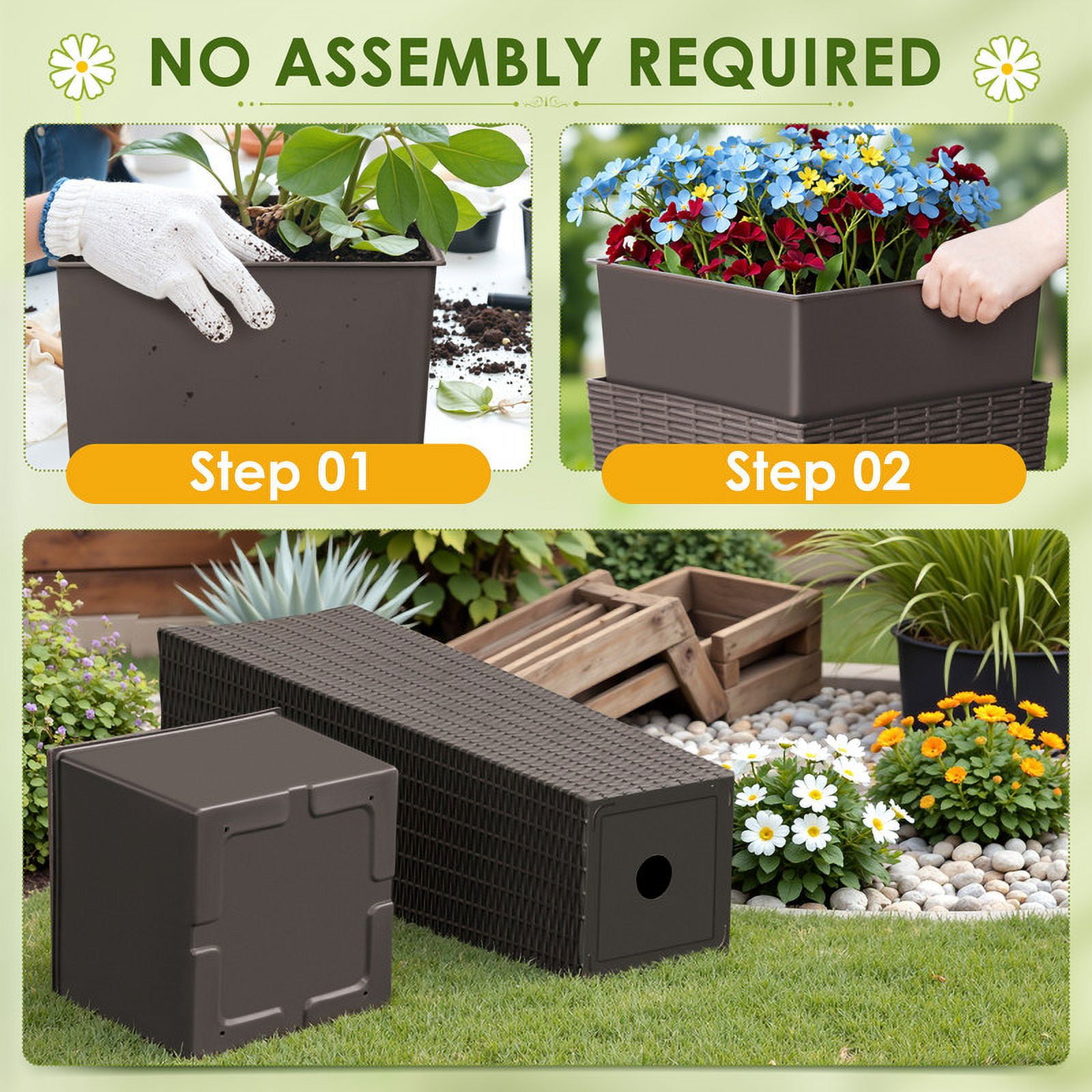 Homall 2-Pack 32" Tall Outdoor Plastic Planters with Inside Pots, Rattan - Patterned for Patio Decor