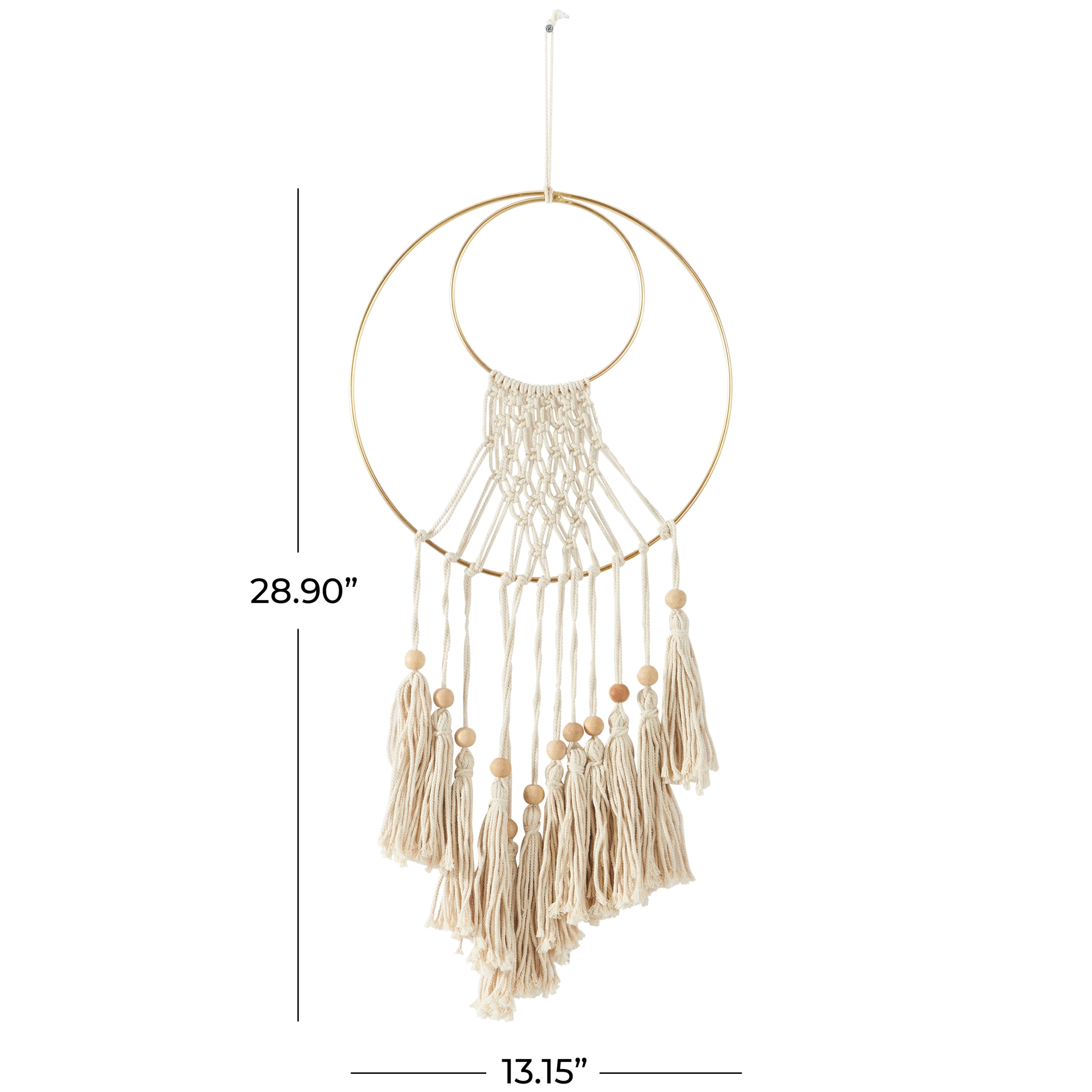 DecMode Cream Cotton Handmade Macrame Wall Decor with Wood Beads and Gold Circular Frame