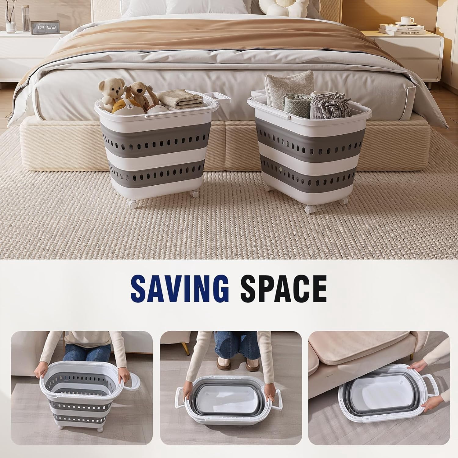 Collapsible Laundry Basket with Wheels 45L Portable Hamper for Clothes Storage and Organization Grey