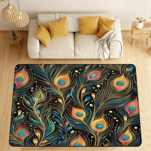 CURLYOOT Peacock Feather Area Rugs for Living Room Bedroom, 4' 10" x 6' 8" Washable Rug, Abstract Floor Carpet with Non Slip Backing for Dining Room Indoor