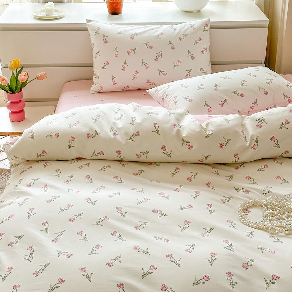 Nayoroom 100% Organic Cotton Duvet Cover Set, 3 Pieces White Pink Floral Flower Tulip Reversible Soft Bedding Set Queen