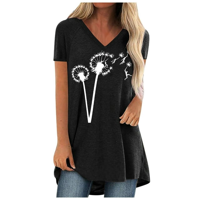Pompotops Femmes Mode Casual Manches Courtes V-Cou Impression Casual Chemisier T-shirt Tops