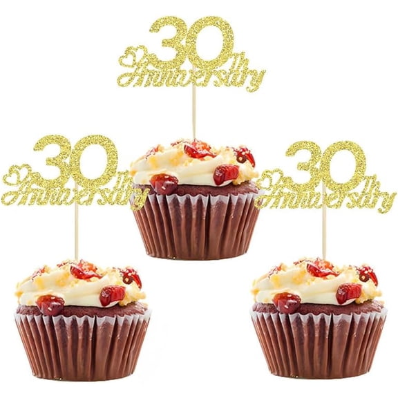 12pcs Gold Glitter 30th Anniversary CupCake Toppers - 30 Years Wedding Anniversary Happy 30th Birthday Cake Decorations for Cheers to Anniversary Party