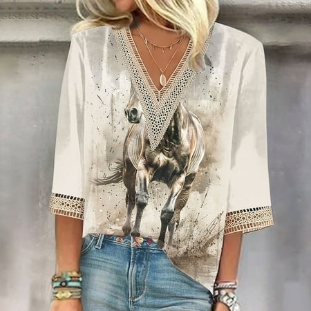 Qhnvtd Womens Oversized Zip Up Hoodies 2024 Babydoll Tops For Women Tshirts 2024 Women s Printed Pullover V-neck Lace T-shirt With 3/4 Sleeves Top Beige