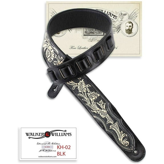 Onyx Black Hand Carved Leather Padded Guitar Strap With Traditional Western Tooling Walker & Williams KH-02-BLK