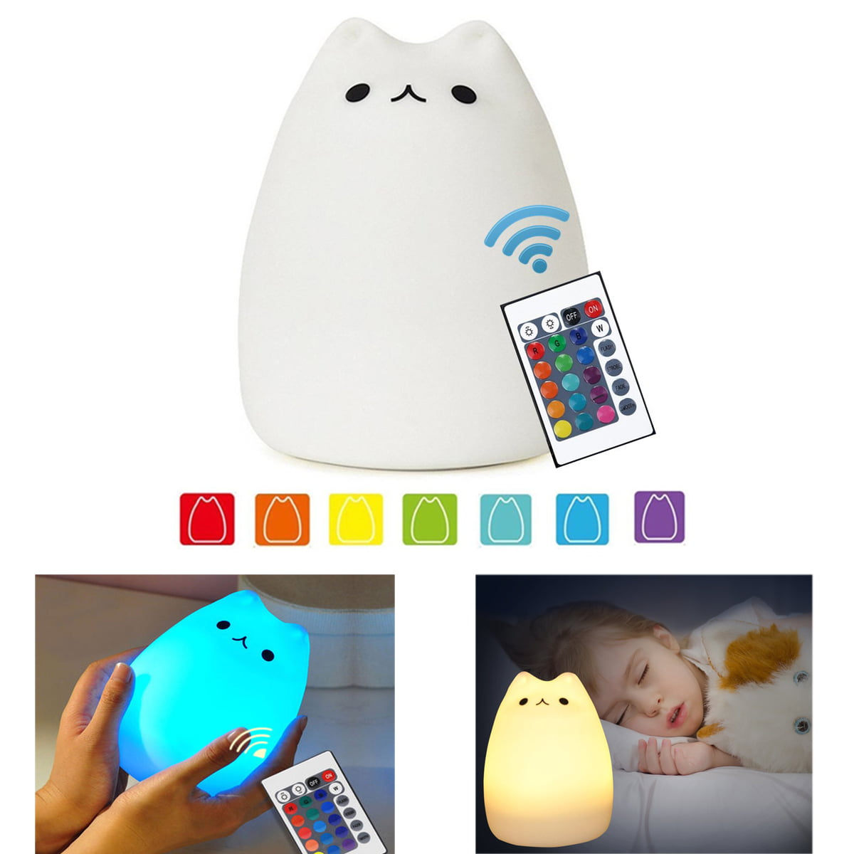 NeoJoy Cat Kids Night Light with Remote Control Baby Nursery Night Light Silicone Kitty Beside Lamp Christmas Gift Ideas for Toddler Children