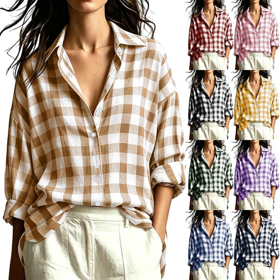 Noric Women Collared Gingham Plaid Button Down Shirt Loose Fit Long Sleeve Roll Tab Cuff Casual Tops