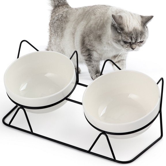2Pcs Ceramic Cat Bowls with Stand, Elevated Cat Feeder Anti-Vomiting Cat Bowls, Tilt-Design Raised Cat Food Dishes, 2-In-1 Cat Plates for Food & Water