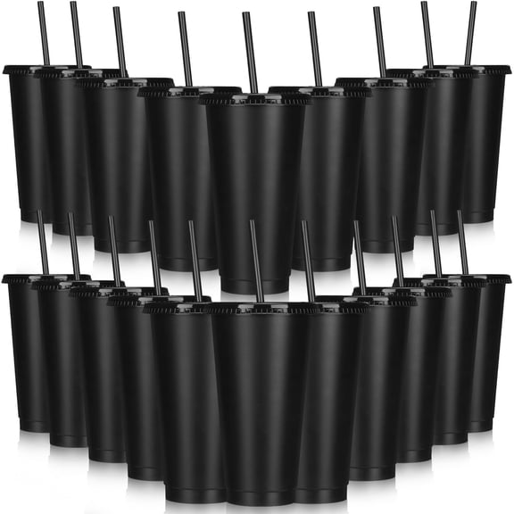 Tumbler with Straw and Lid 24 oz Reusable Plastic Cups with Lids (Black,30 Sets)