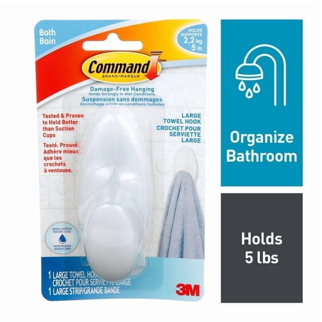 Command™ Bath Towel Hook BATH17-EF, Large, Frosted, 5 lb (2.3 kg), 1 Hook, 1 Water-Resistant Strip