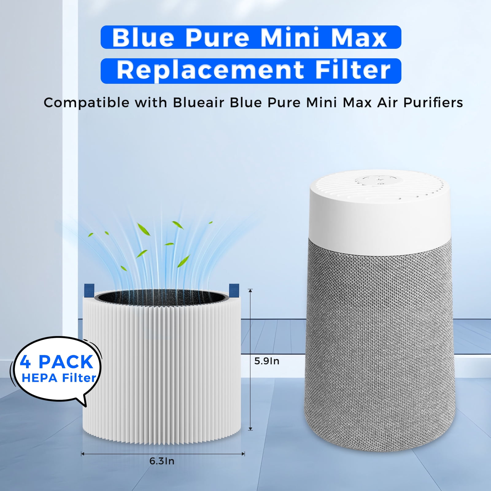 4 Pack Mini Max Replacement Filter Compatible with Blue Pure Mini Max Air Purifiers, H13 True HEPA with Pre-Filter & Activated Carbon, FMINI Filter for Blue Pure Mini Max Air Purifier (4 Filters)