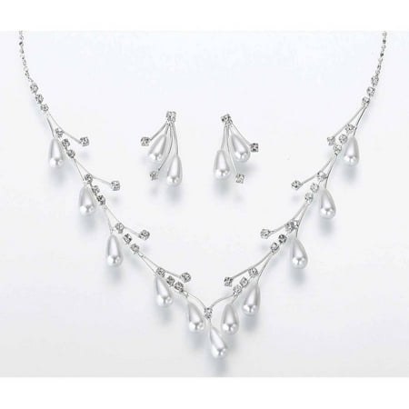 Pearl Cluster Drop Necklace - Pearl Drop Necklace and Ear Set