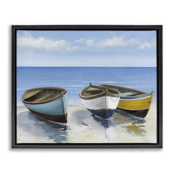 Stupell Industries Coastal Coastal Rowboats on Shore Black Floating Frame Canvas Art, 21 x 17, by Max Maxx
