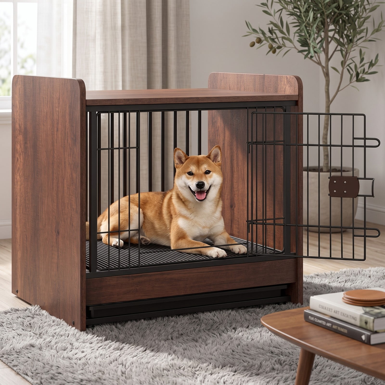 ALPULON Dog Crate Indoor Dog Cage End Table with Removable Tray and Lockable Door, Heavy Duty Metal Wood Furniture Style Pet Kennel for Small Medium Dogs, Rustic Brown