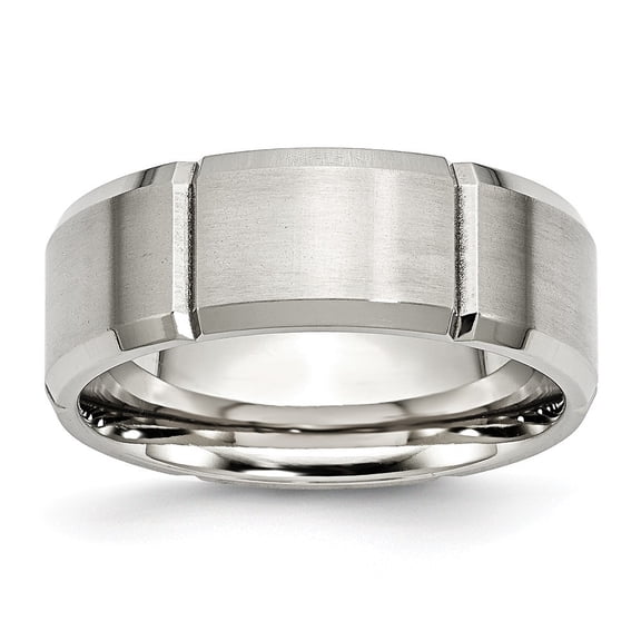 Stainless Steel Beveled Edge Grooved 8mm Brushed and Polished Band Ring - Size 14