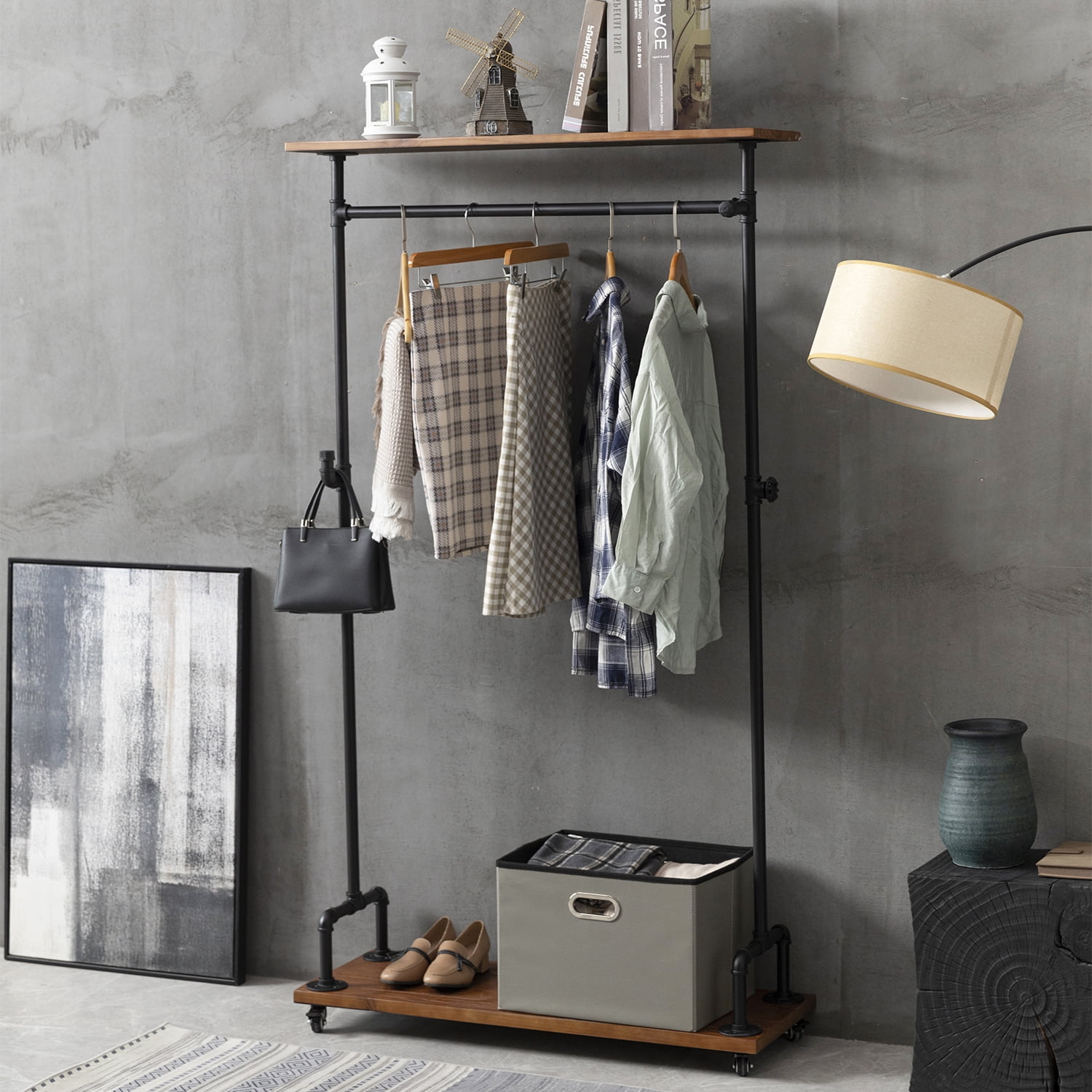 Industrial Pipe Clothing Rack Wood Clothing Racks on Wheels, Retail