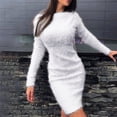 thumbnail image 2 of Womens Fall Casual Petite Dresses Autumn Winter Knit Turtleneck Long Sleeves Solid Color Slim Plush Sweater Dress White XXL, 2 of 7