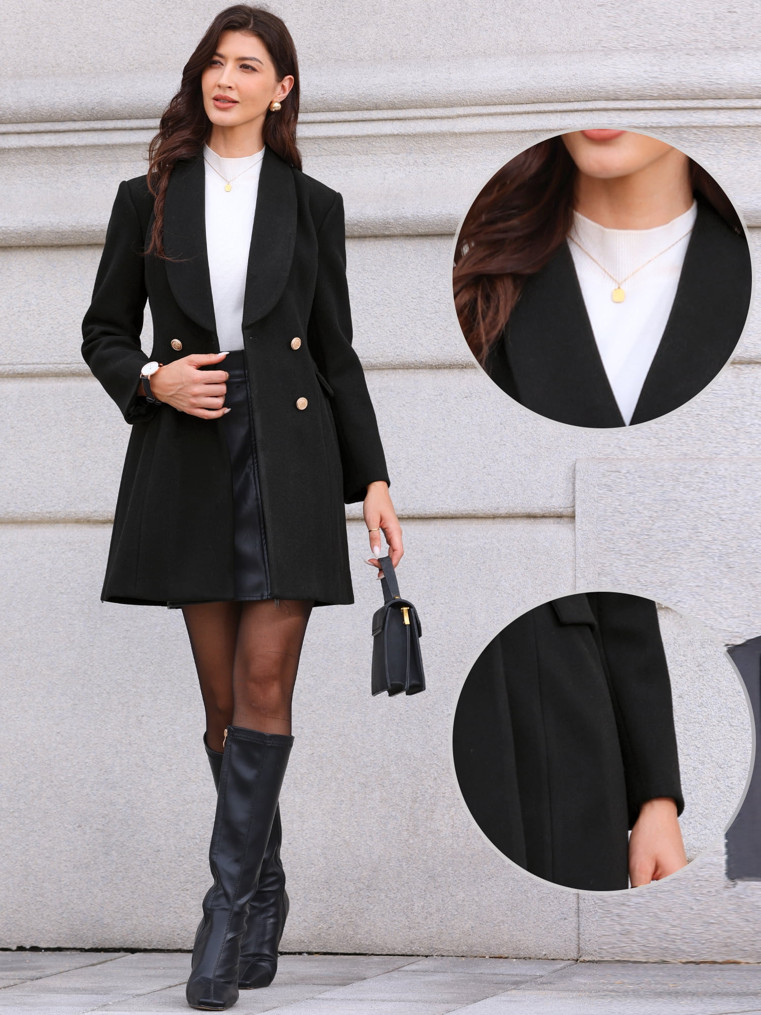 DARING DIVA Women's Double Breasted Shawl Collar Long Coat With Pockets L Black