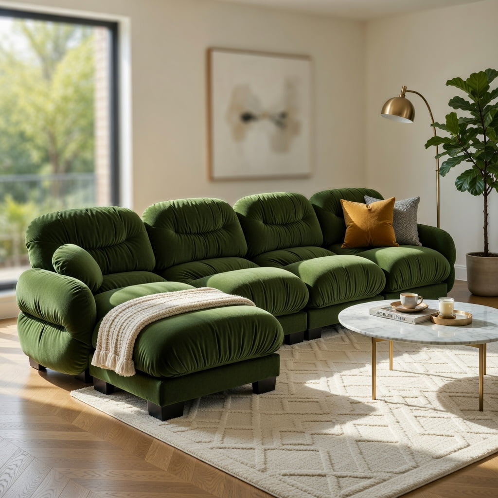 Hommoo Chenille L-Shaped Modular Sectional Sofa with Ottoman, 4-Seat Pleated Design, High-Density Ergonomic Foam, Curved Armrests & 2 Throw Pillows, Green