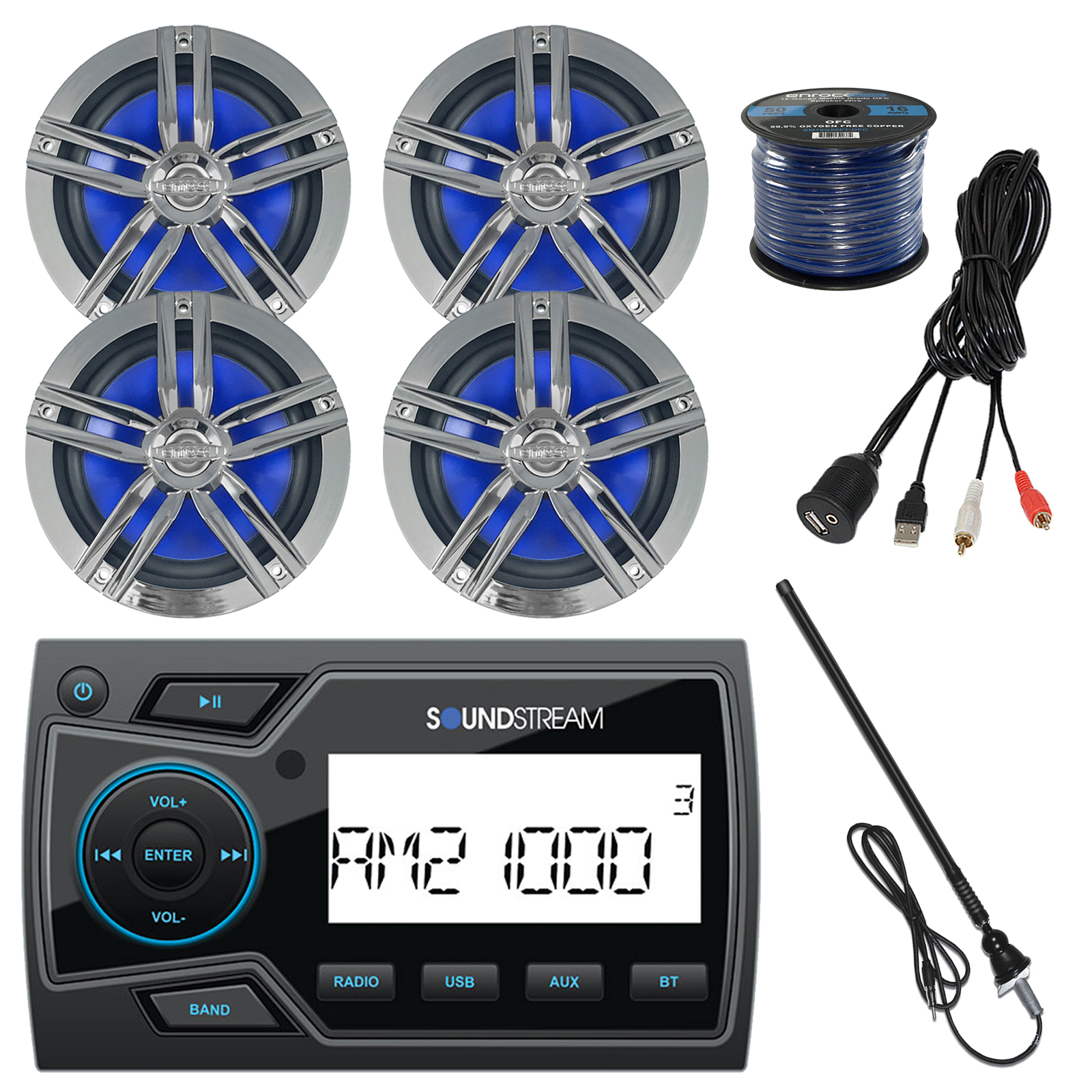 Soundstream 2" Marine USB Bluetooth Digital Media Receiver, 4x Enrock