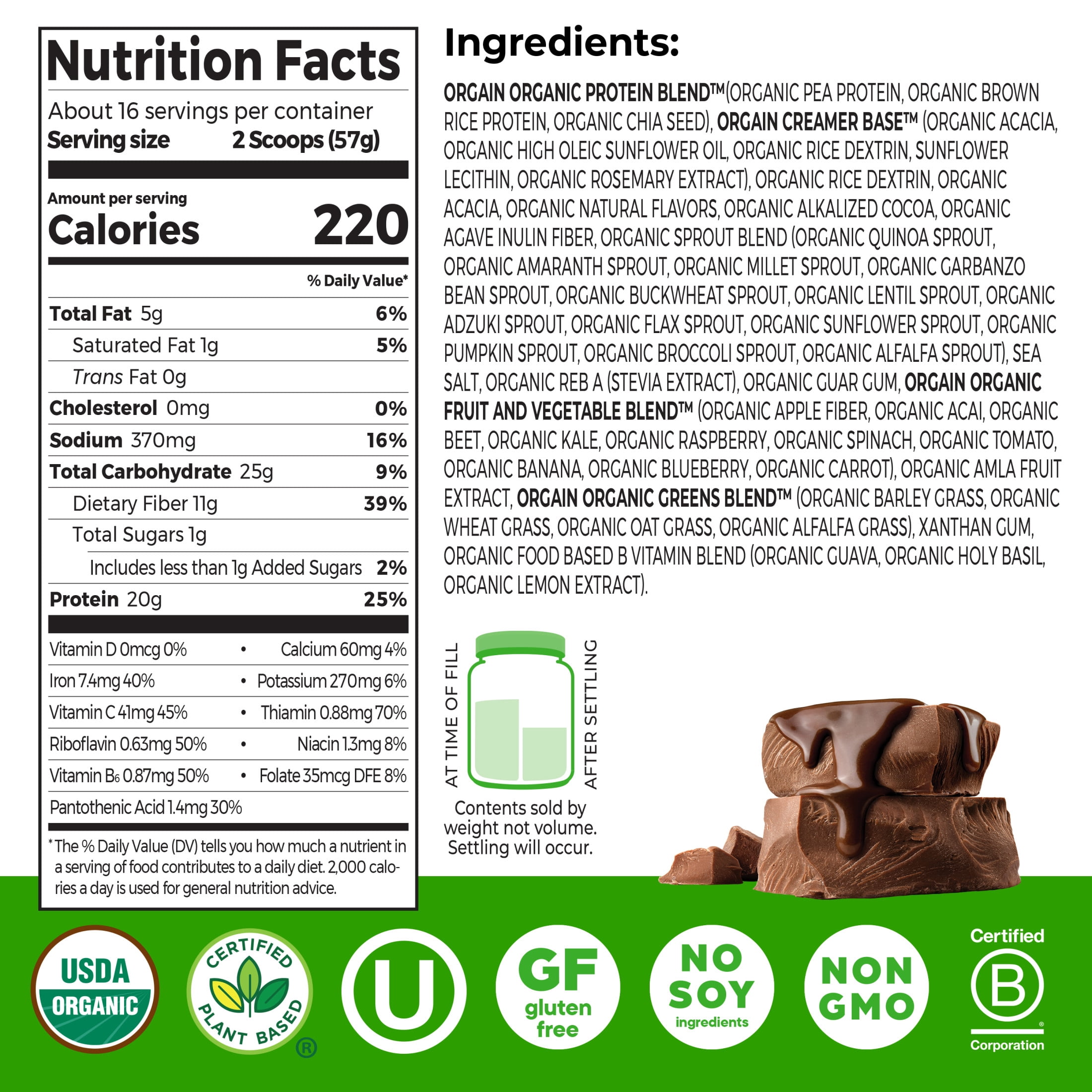 Orgain Organic Vegan Meal Replacement Powder, 20g Plant Based Protein, Chocolate 2.01lb