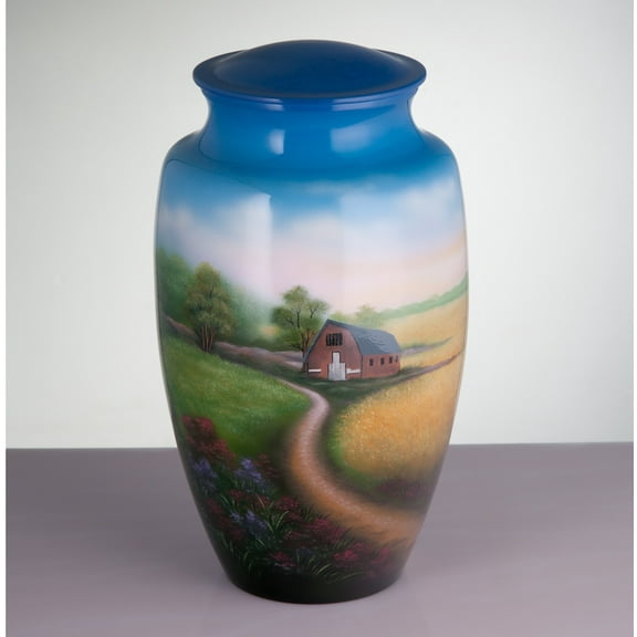 Hand Painted Metal Cremation Urn - Cremation Urn - Solid Metal Funeral Urn - Handcrafted Adult Funeral Urn for Ashes - Great Urn Deal with Free Bag (Farm)