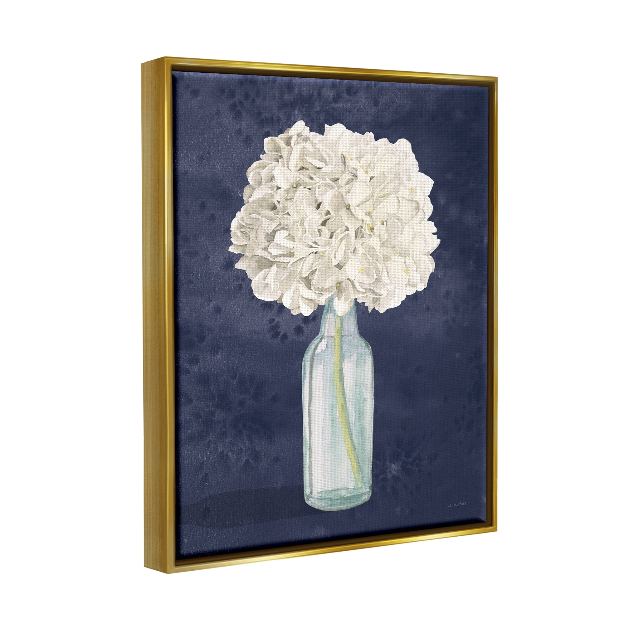 Stupell Industries White Floral Bouquet in Bottle Blue Painting Metallic Gold Framed Floating Canvas Wall Art, 24x30, by James Wiens