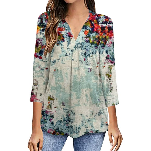 RKSTN Women's Casual Boho Floral Print V Neck Long Sleeve Autumn Floral Printing Tops Loose Blouses Shirts