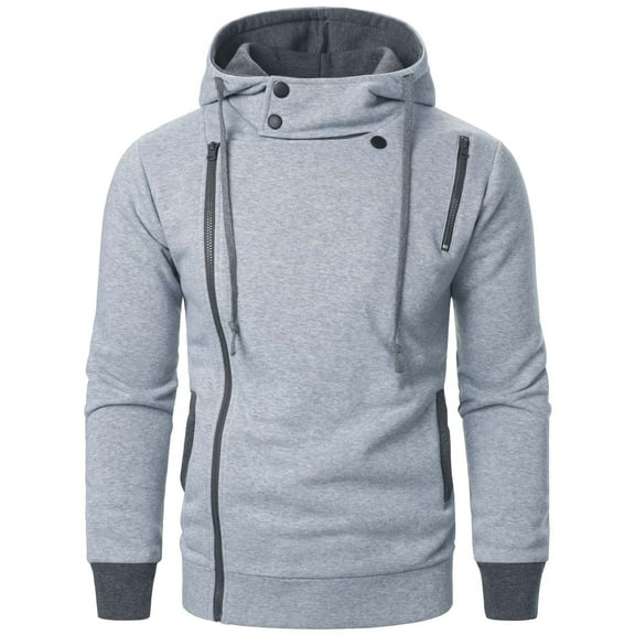 Wyobmus Mens Cardigan Hoodies Casual Slant Zip Pull Over Loose Long Sleeve Solid Hooded Coat Gray