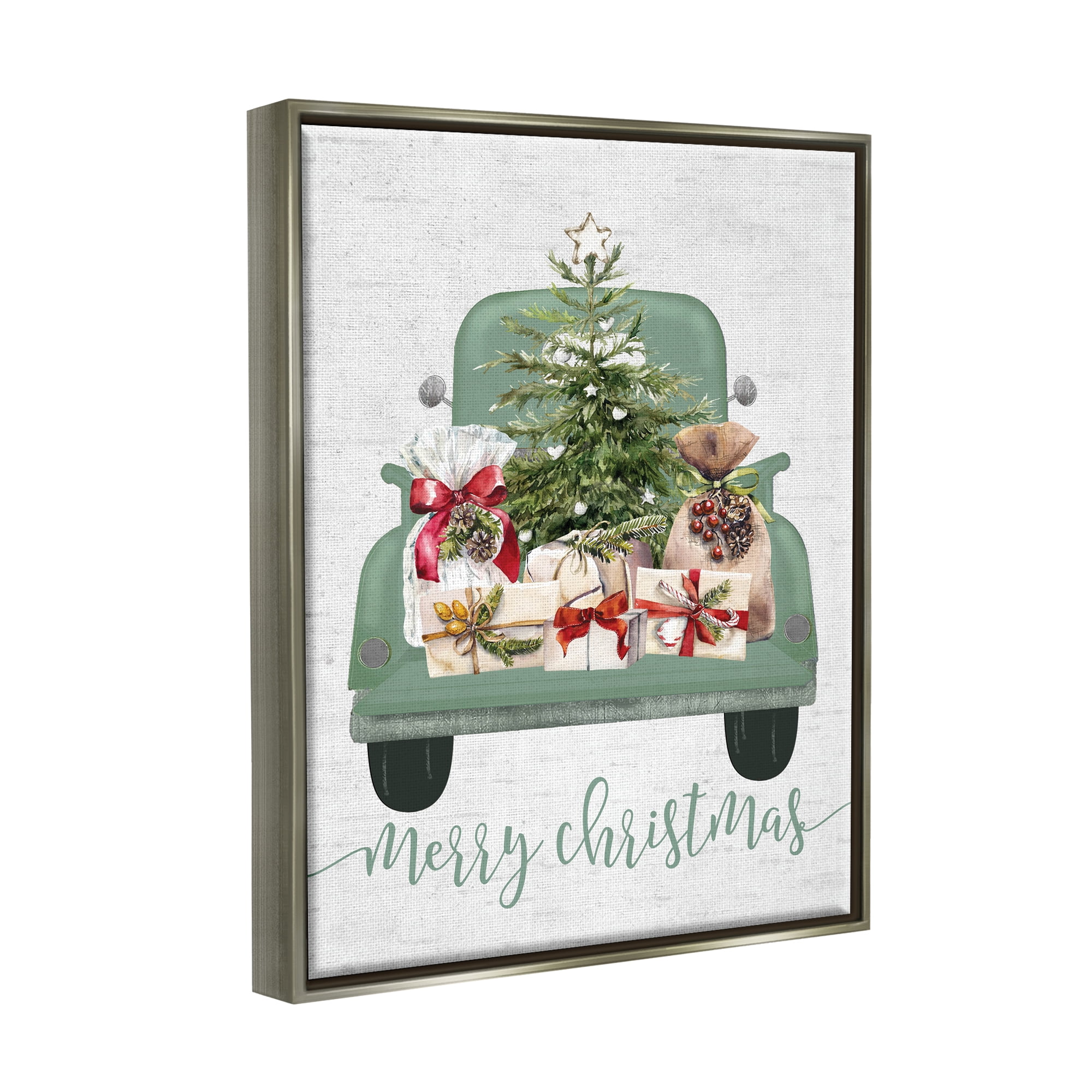 Stupell Industries Merry Christmas Truck Holiday Painting Gray Floater Framed Canvas Art Print Wall Art, 17 x 21