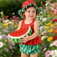 thumbnail image 2 of FINALGANG Baby Girls Three Piece Watermelon Outfit Set Watermelon Print Ruffle Hem Cami Top Striped Shorts Matching Sun Hat Summer Set For Daily Wear Soft Outfit, 2 of 9