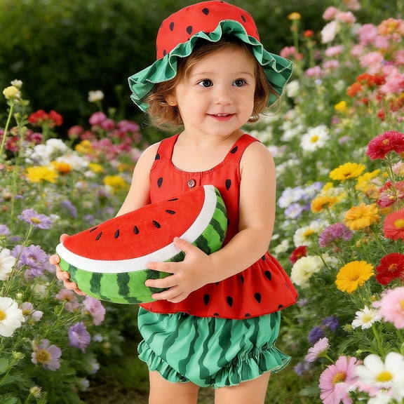 Newborn Boy Outfits Watermelon Printing Sleeveless Tank Top And Shorts With Hat Playwear Casual Baby Boy Clothes Red 6-12M