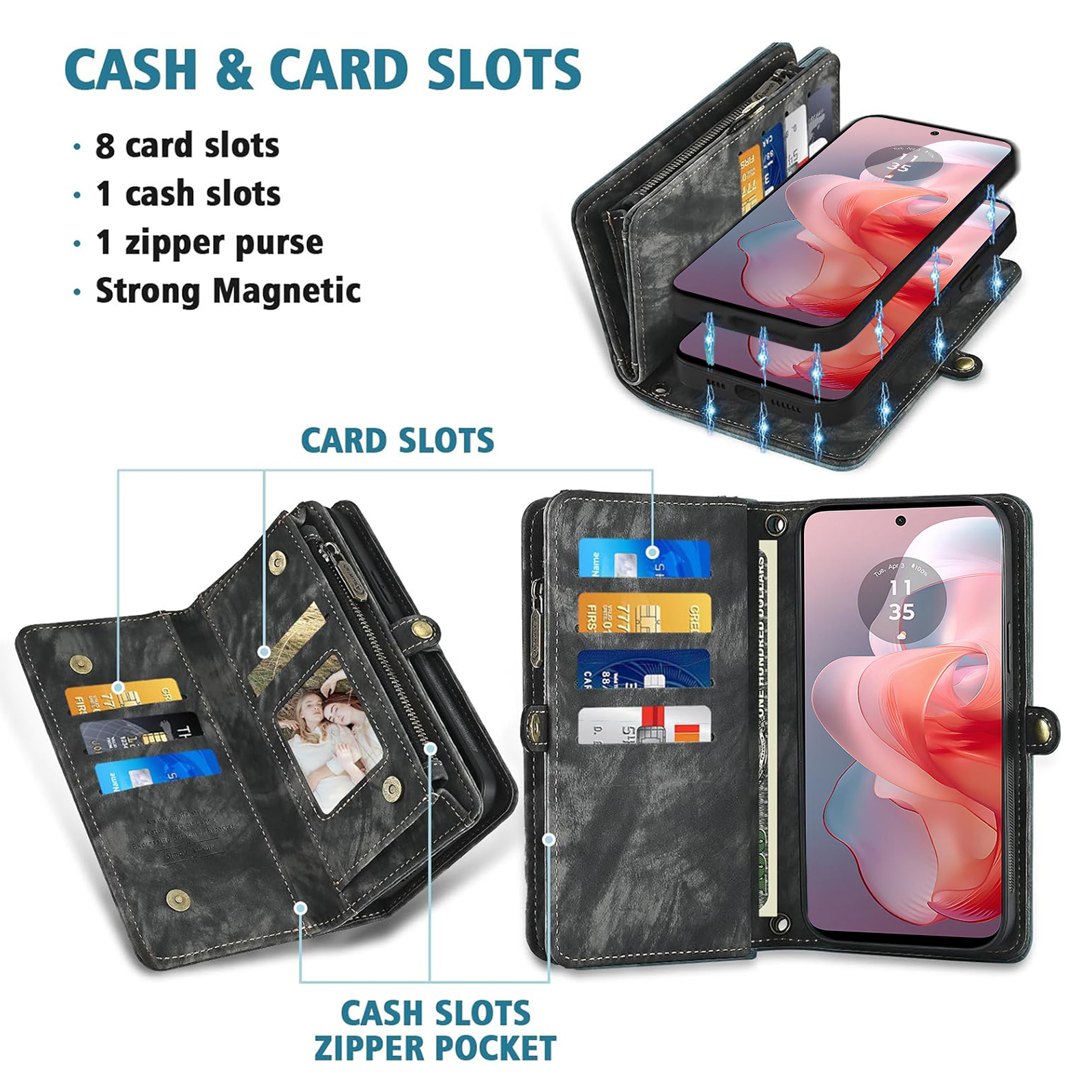 Asuwish Compatible with Motorola Moto G Power 5G 2024 Phone Case Zipper Wallet Detachable Tempered Glass Screen Protector Crossbody Lanyard Strap Flip Card Holder Cell Cover for G5 Women Girls Black
