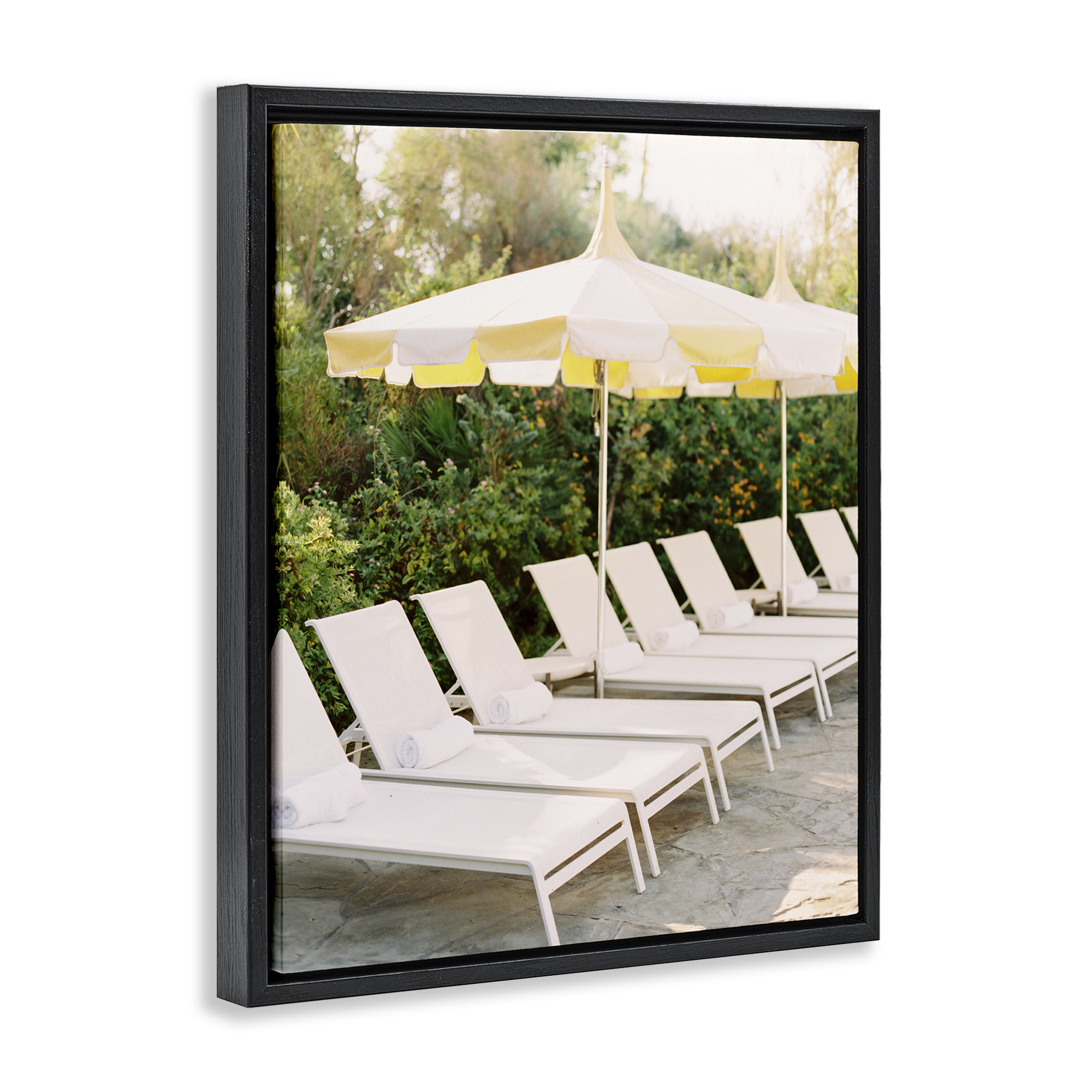 Stupell Industries Summer Pool Chairs Landscape Photography Black Floater Framed Canvas Art Print Wall Art, 25 x 31