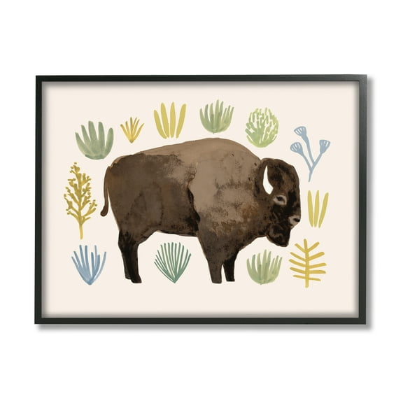 Stupell Industries Terracotta Green Yellow Plants Brown Horned Buffalo Graphic Art Black Framed Art Print Wall Art, 11x14, by Victoria Barnes
