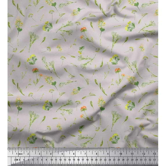 Soimoi Gray polyester Crepe Fabric Yellow Mustard Leaves Printed Fabric 1 Yard 42 Inch Wide