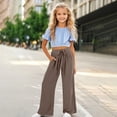 thumbnail image 2 of OOOUM Girls Tie Waist Wide Leg Trousers Loose Fit Fabric Casual Pants Daily Outdoor Relaxed Outfits Bottoms Coffee 6-7 Years, 2 of 4