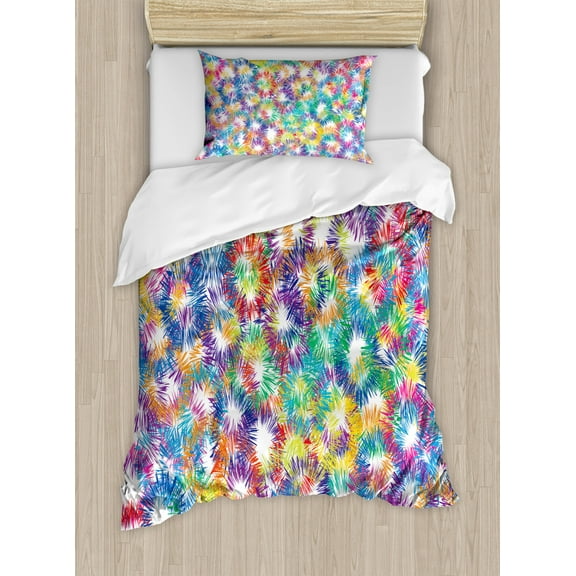 Modern Decor Twin Size Duvet Cover Set, Rainbow Colorful Geometric Abstract Image Fireworks Like White Backdrop Print, Decorative 2 Piece Bedding Set with 1 Pillow Sham, Multicolor, by Ambesonne