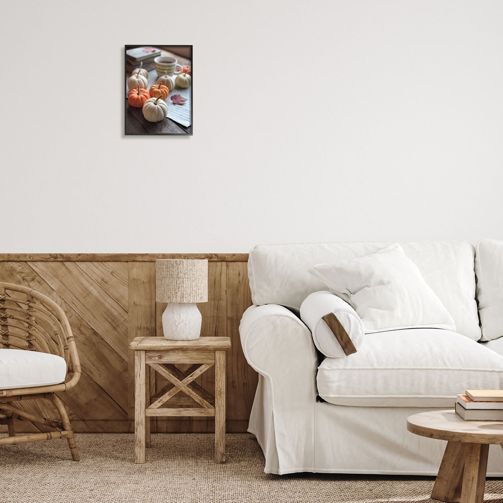 Cozy Pumpkins Scattered Leaves Coffee Mug Photography Botanical & Floral Photograph Framed Art Print Wall Art