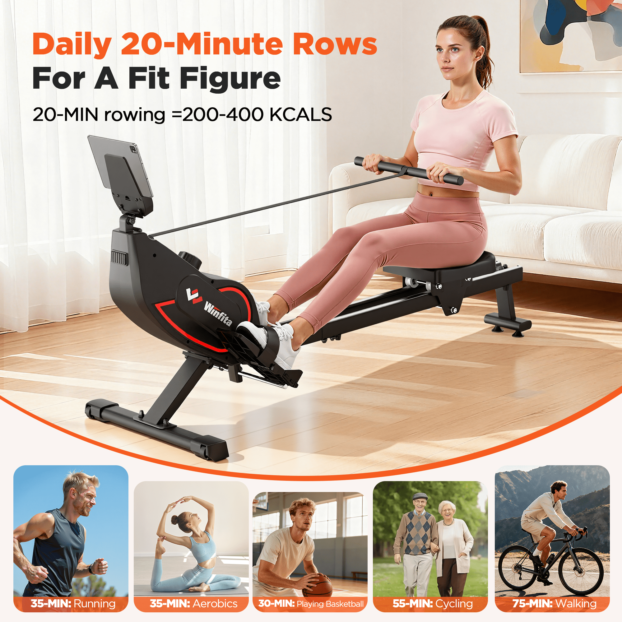 Winfita Magnetic Rowing Machine, 115LBS Max Resistance, 16 Levels, Home Gym Exercise, App Compatible, Tablet Holder, 350LB Capacity