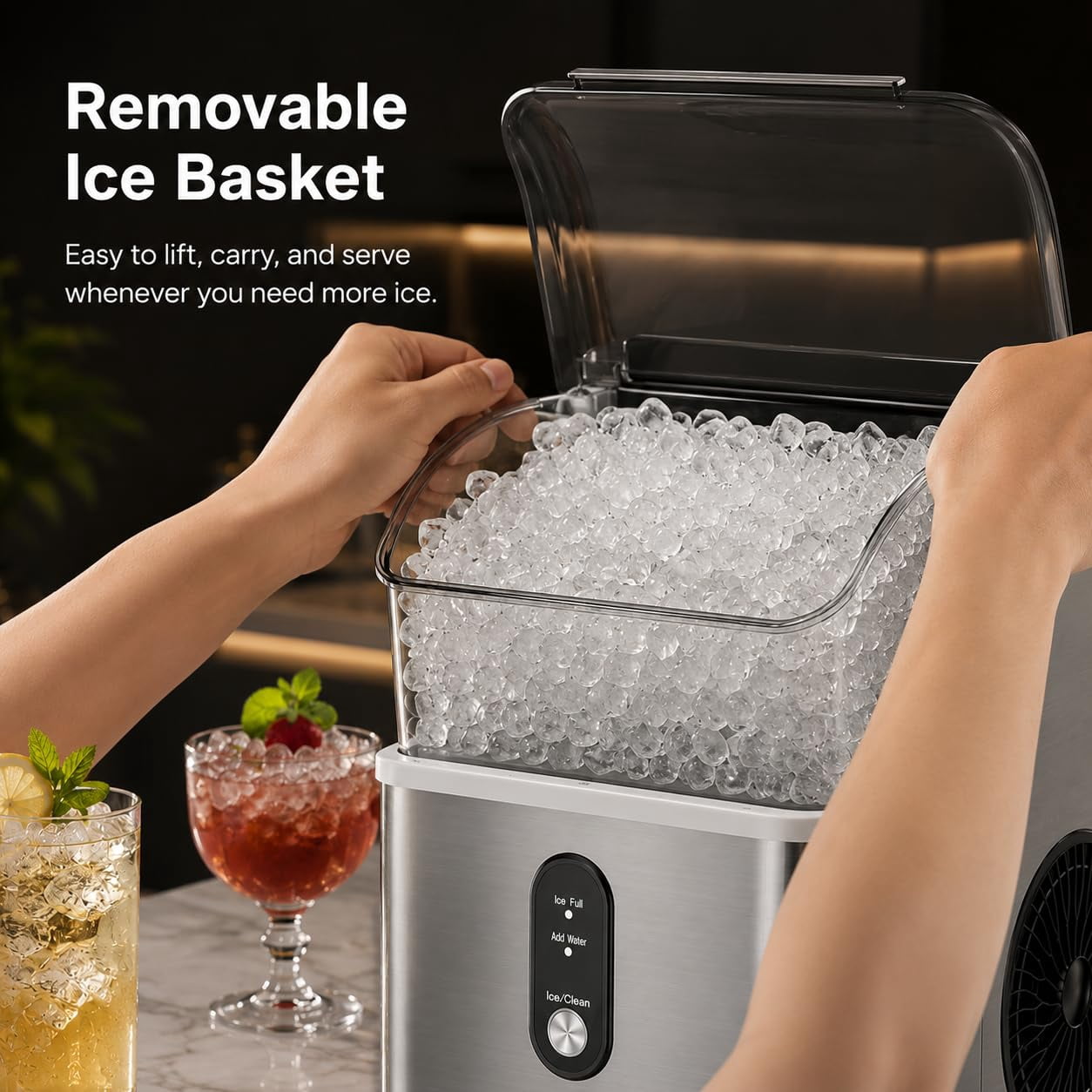 Auseo Nugget Ice Maker Countertop, 35Lbs/24H , 6 Min/Round with Self-Cleaning Stainless Steel Ice Machine，Silver