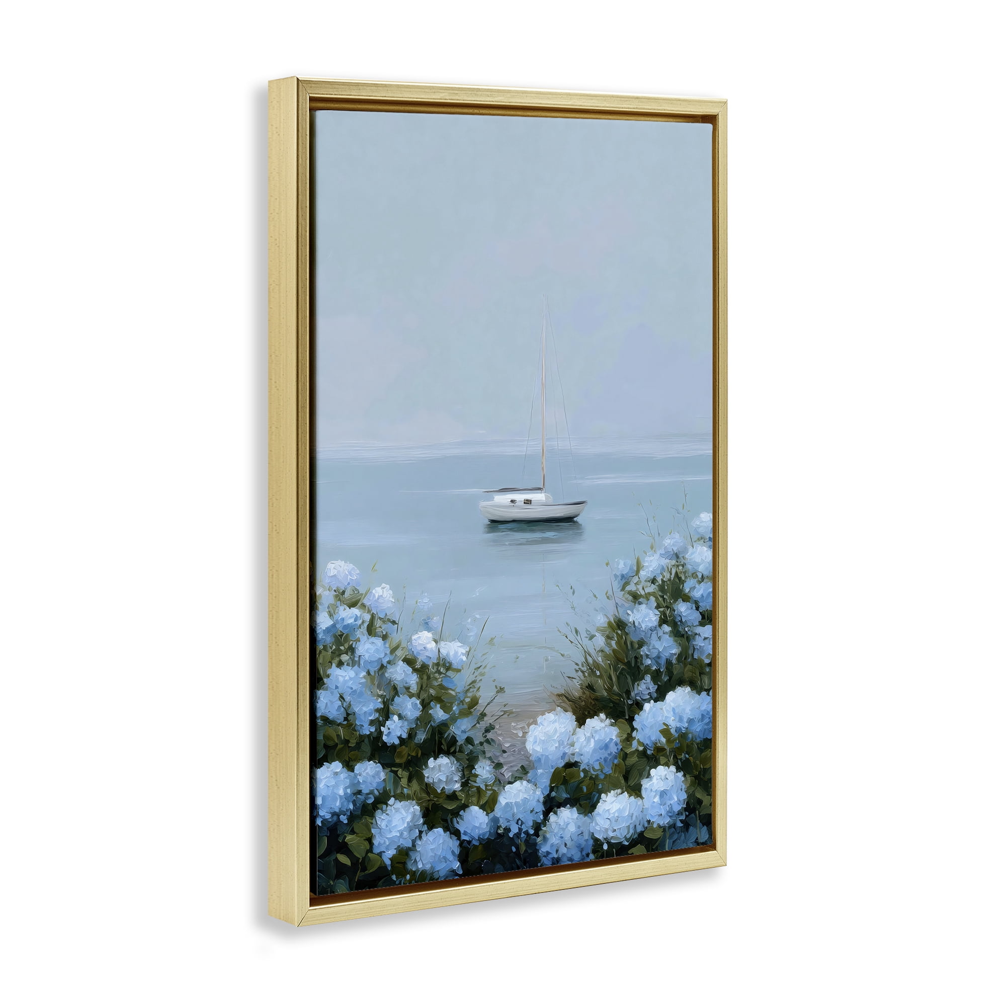 Stupell Industries Yacht in Floral Bay Gold Framed Floater Canvas Wall Art, design by Petal Prints Design