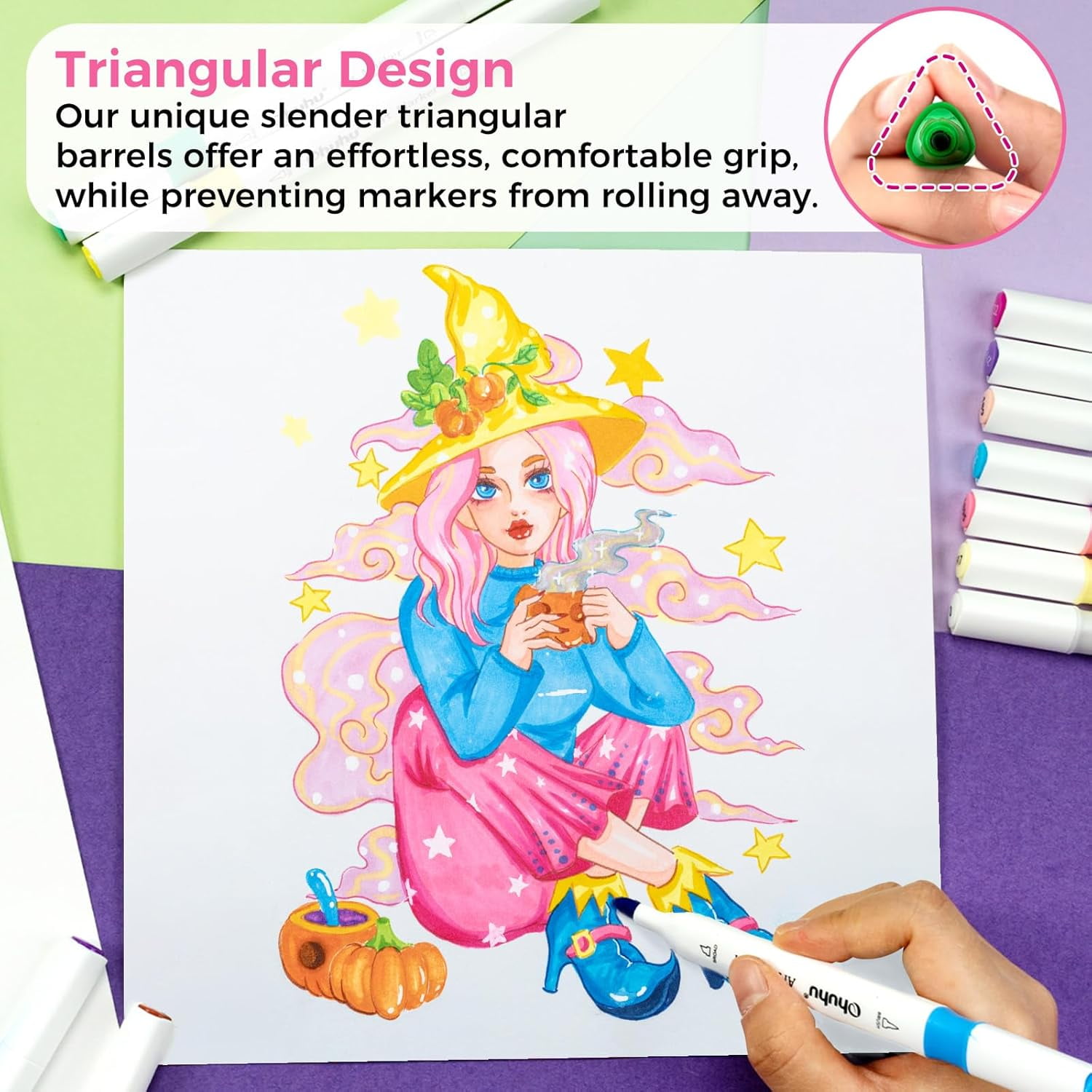 Ohuhu 48 Alcohol-Based Art Markers, Double Tipped Brush & Chisel, Unique Grip for Illustration & Sketch
