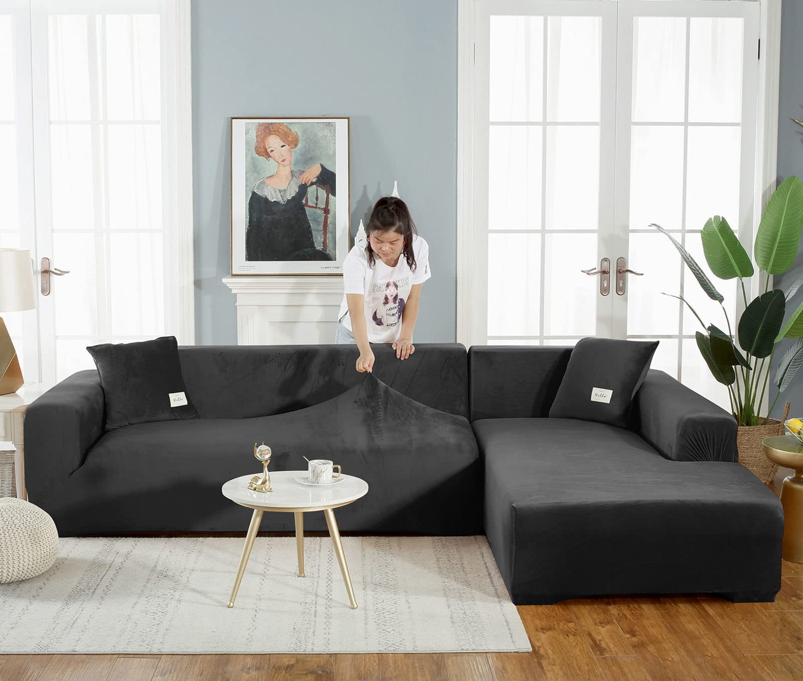 Sectional Couch Covers, Stretch Sofa Cover Velvet L-Shaped Sofa Cover Soft Non Slip Furniture Protector for Corner Sofa-Pink-3 Seater+3 Seater