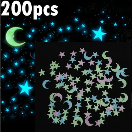 - 200Pcs Cute 3D Star Moon Glow In The Dark Wall Sticker Home Ceiling Decor Room Decal Mural Art DIY Non-toxic Christmas Gift