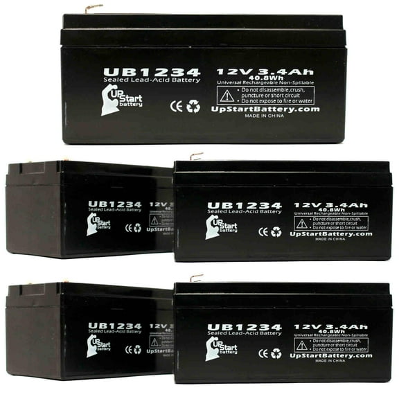 5x Pack - Compatible National Power GTO16T4 Battery - Replacement UB1234 Universal Sealed Lead Acid Battery (12V, 3.4Ah, 3400mAh, F1 Terminal, AGM, SLA) - Includes TWO F1 to F2 Terminal Adapters