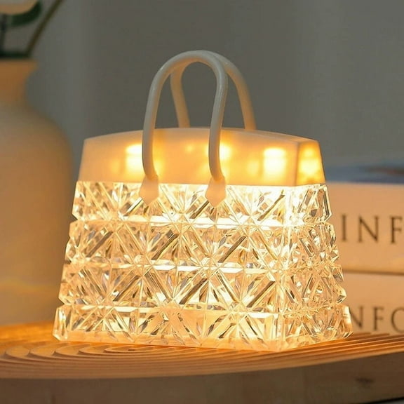 Portable Crystal Handbag Night Light Acrylic Diamond Lattice Design 100 Lumens Warm White Light, 5.5" Compact Decor for Bedroom/Living Room w/Built-in Battery