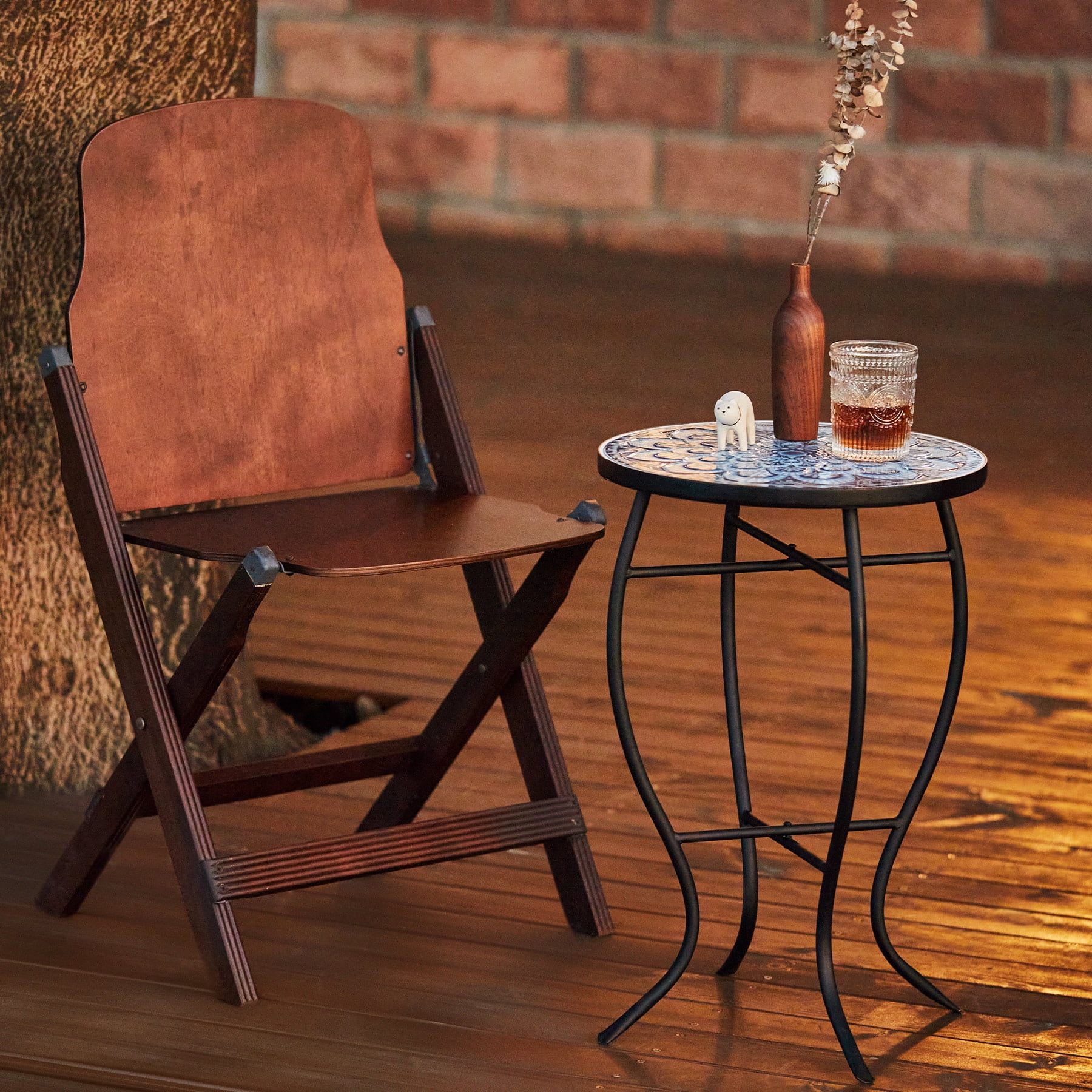 14" Side Table with Ceramic Tile Mosaic Top & Metal Frame for Outdoor Patio Mandala